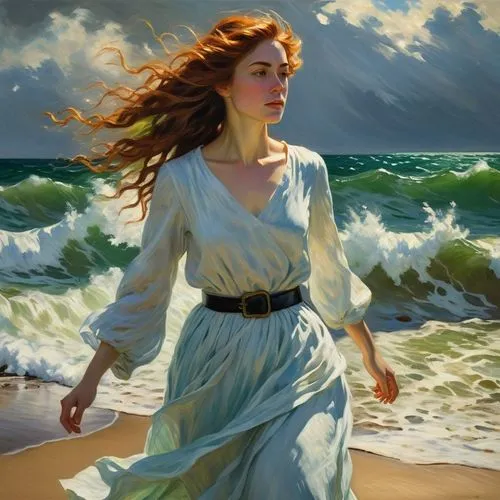 An impressionistic romantic oil painting of a young woman with long, voluminous, wild auburn hair violently blown by the wind towards the left of the frame. She stands barefoot in the shallow, turbule