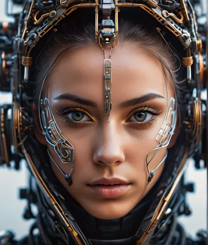 An enigmatic portrait of a mesmerizing sci-fi ninja girl, her delicate features framed by a mask of intricate circuitry, her piercing gaze reflecting the depths of the digital realm,cyborg,cybernetics
