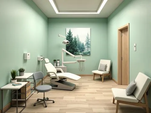 Calming dental clinic, soft mint green walls, creamy white furniture, warm beige floors, gentle blue accents, soothing ambient lighting, natural wood textures, minimalist decor, modern sleek equipment