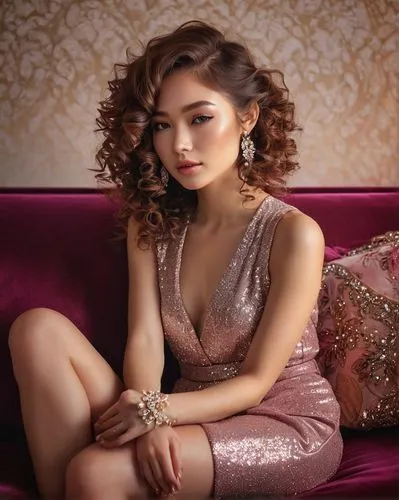 Woman, beautiful fingers, French tip nail art, shiny nails, sparkling rhinestones, delicate wrist, soft skin, pinky nude makeup, curly brown hair, elegant posture, sitting on a velvet couch, luxurious