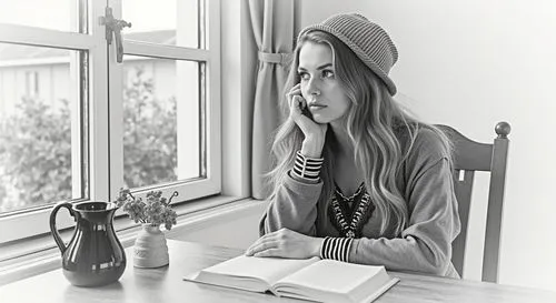a pencil sketcche,woman sitting at table in front of large window, thinking,girl studying,girl drawing,girl wearing hat,study,book illustration,little girl reading,coloring picture,blonde woman readin