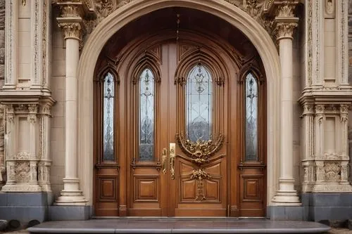 Grand, ornate, wooden door, Victorian-era inspired, intricate carvings, golden doorknobs, heavy drapery, velvet curtains, majestic entrance, Gothic arches, stone walls, grand staircase, luxurious inte