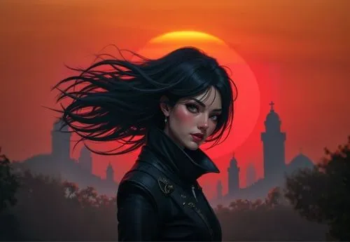 a portrait of a woman in leather clothing with long dark hair,red sun,dusk background,fantasy picture,sundered,sci fiction illustration,game illustration,world digital painting,vampire woman,dusk,fant