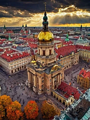 Historic Warsaw, Poland, Baroque architecture, grand palace, ornate facade, intricate stone carvings, golden domes, red rooftops, Gothic spires, narrow cobblestone streets, old lanterns, autumn foliag
