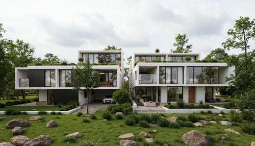 A photo-realistic shoot from a bird's eye view about two modern, minimalist houses with glass walls and a green roof, situated on a hillside surrounded by trees and rocks. the image also shows a seren