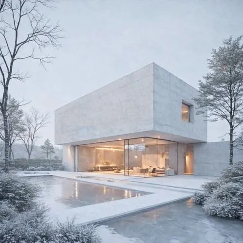 On a snowy day with light snow, a little light is shining from indoors. ,a house with white walls, a glass wall, and water,snohetta,winter house,snow house,modern house,cubic house,snow roof