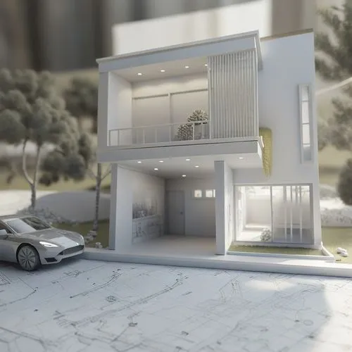 a car parked on the street in front of a house,3d rendering,modern house,smart house,carports,smart home,residencial,render,aircell,modern architecture,revit,cubic house,passivhaus,renderings,sketchup