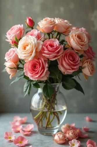  thousands of roses and flowers in the spring; wildcrafted in a crystal vase. Cinematic, realistic HDR photography.biometric shading, synesthesia,fluid lines ,a vase filled with lots of pink roses on 