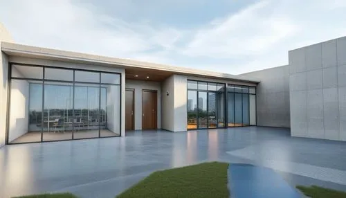 an exterior view of a large office with many doors,3d rendering,penthouses,revit,render,modern house,renderings,glass wall,glass facade,residencial,sketchup,roof top pool,renders,modern architecture,l