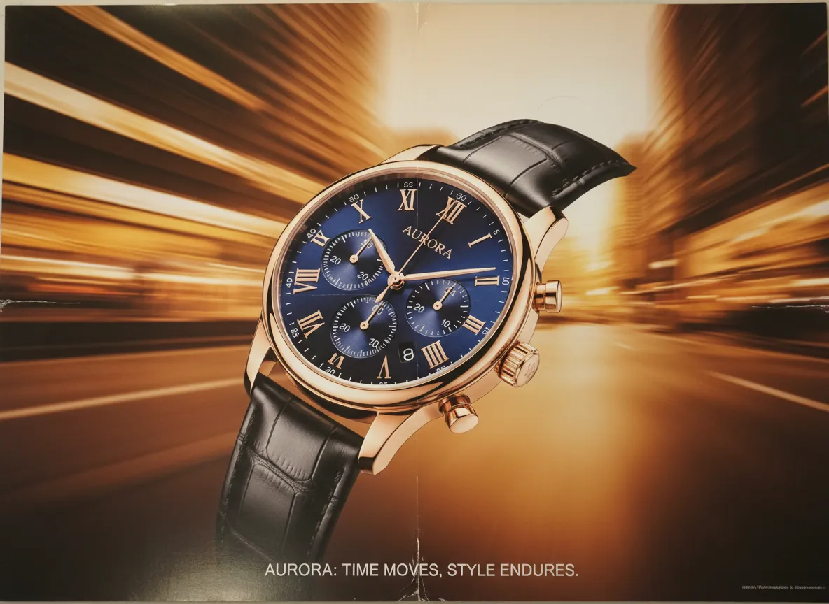 Eine Nahaufnahme eines Plakats für eine Luxusuhr, bei dem der Hintergrund eine subtile, realistische Bewegungsunschärfe aufweist, die das Zifferblatt hervorhebt.