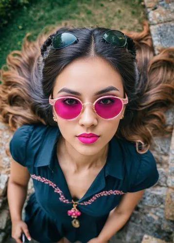 Mujer con cabello largo y naranjado, ojos naranjados detallados, gafas azulesde nerdy, blusa rosada, labios brillantes, detailed pink lips,a girl with glasses has her hair blowing,pink glasses,retro w