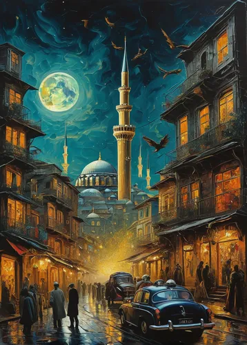 A fantastical cityscape (istanbul) where mythical creatures coexist with futuristic elements, a harmonious blend of the past and present and future, design in mind, impasto brush strokes by vincent va