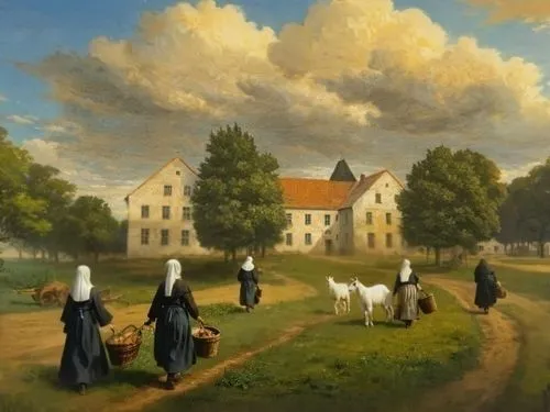 draw two white goats correctly, style: classical painting on canvas.,sedlacek,agricultural scene,pastoral,nuns,mesdag,village scene,convent,dutch landscape,heemskerck,church painting,seminary,zwartnek