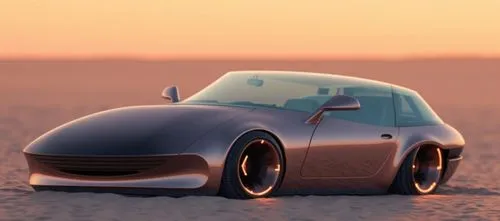 A luxury autonomous concept car parked in a serene desert landscape during sunset. The vehicle has a minimalist design with flowing curves, a glass canopy roof, and shimmering rose-gold bodywork. Insi