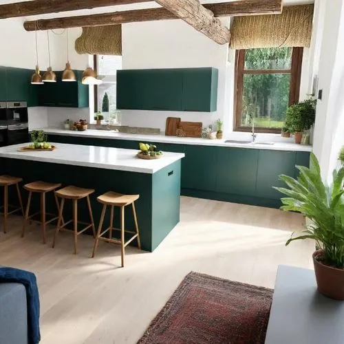 COCINA   ESTILO NORDICO  CON COLORES GRISES 
 Y TOSTADOS , PLANTAS VERDES , MIMBRE , YUTE.
,an island with bar stools in the middle of the kitchen,kitchen interior,tile kitchen,cucina,kitchen design,s