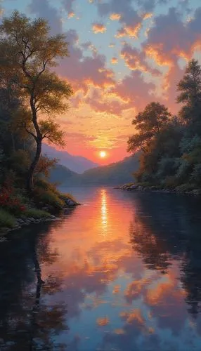 The sunset is reflected in lake water, blue, red, gold and pink pic.,a painting of sunset reflecting off the water,river landscape,evening lake,landscape background,fantasy landscape,nature landscape,