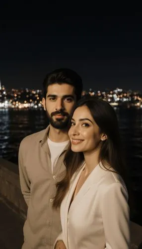 
A handsome young Arab man, light olive skin, sharp jawline, soft beard, expressive brown eyes, stylish black hair, wearing elegant casual clothes in neutral tones, cinematic romantic aura.
A beautifu