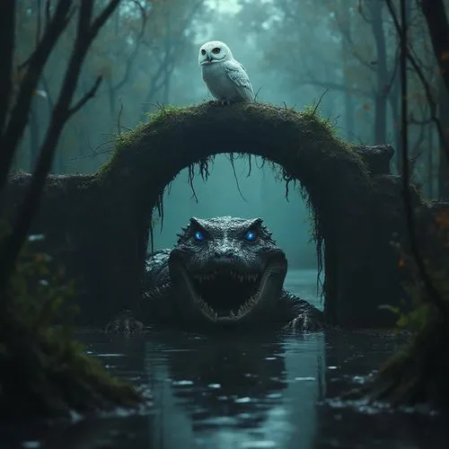 scary realistic alligator in the swamps of new orleans, in the image there is a white owl with blue illuminated eyes perched on an arch above the alligator

,an owl is sitting on top of an alligator i