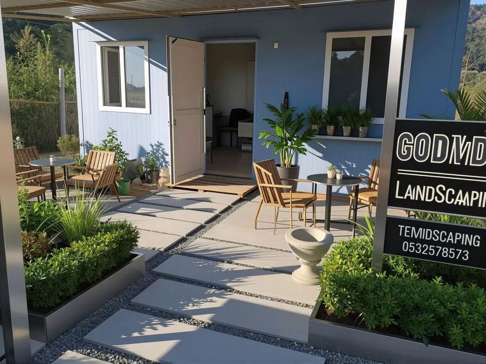 a small backyard patio that has plants and a sign on it
