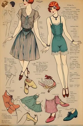 Vintage Paper dolls 1920s women in  shirt,  lace  french knickers with  shoe standing with a set of elegant 1920s dress full color colorful 1920s fashion 1920s clothing,vintage paper doll,retro paper 