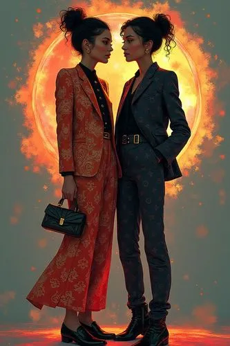 An asymmetrical digital illustration depicting two women's gazes, from the bottom of a manteau. The center piece is a symphony of intricate designs and colors, with bold color and texture contrasting 
