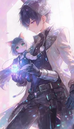 an anime character with black hair holds a cat in his arms,aether,summoner,alchemists,starlight,knight,ice crystal,constellation snake bearer,eternal snow,remnant,healer,knights,conjurer,knight star,c