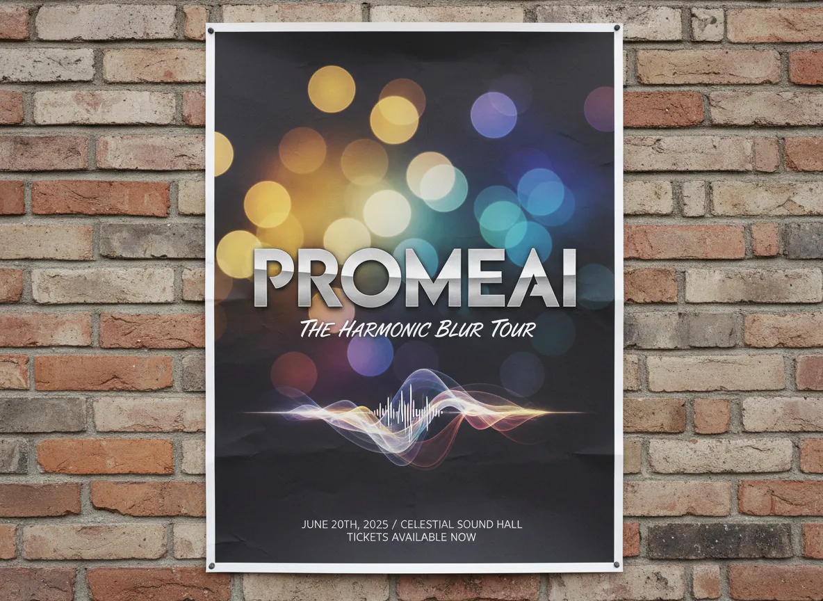 Nahaufnahme eines Posters für eine Musikveranstaltung, bei dem PromeAI einen wunderschönen Bokeh-Hintergrundeffekt hinter dem Namen des Künstlers hinzugefügt hat.