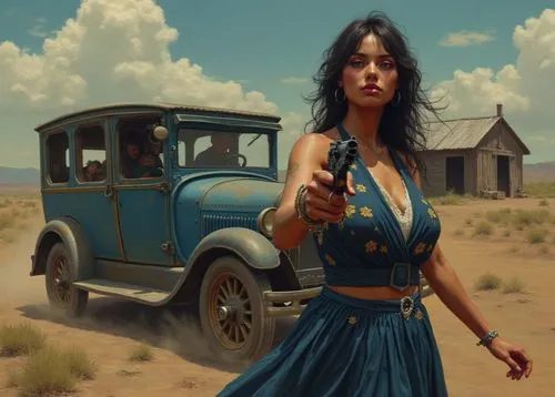 Close-up view of a woman in a dark and moody dress with floral frescoes, dressed in a dark blue robe, takes up most of the foreground, while the background depicts a vintage car with a blue exterior a