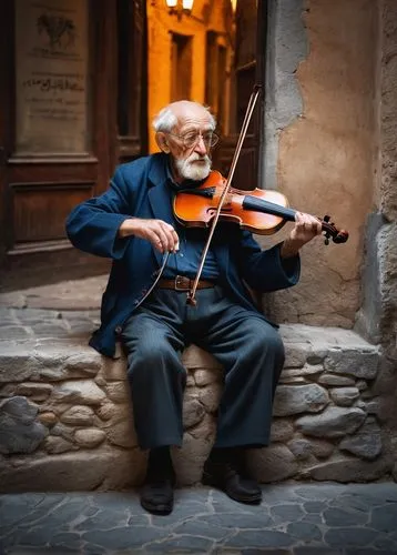 Elderly man, Malazan, fiddler, solo, (70yo), white beard, wrinkled face, aged eyes, glasses, worn-out clothes, holding a violin, playing on the street, old town, European-style architecture, stone pav