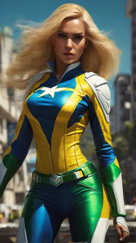 /imagine prompt: BRAZILIAN SUPER HEROINE BLONDE WOMAN, CLOTHES WITH GREEN, YELLOW, BLUE AND WHITE COLORS::3 concept art::3 natural lighting::3 panorama::3  --aspect 16:9 --niji 5 --quality .25,sprint 