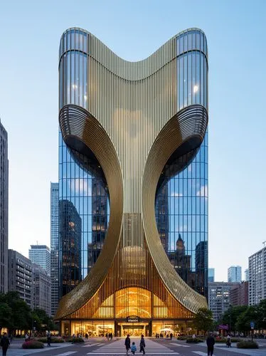 Create an illustration showing different angles of the same building, arranged in a pattern resembling a beehive. The content of the image includes the main view of the building, a panoramic view, and