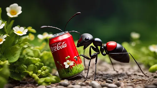 An endearing Pixar-style antropomorphic ant is seen ambling through a vast garden filled with blooming flora. Amidst the verdant surroundings, there's a peculiar sight - a can of Coke has been turned 