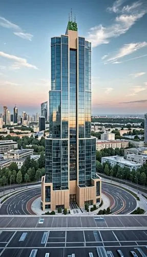  building color with futuristic architectural modern ,a tall building with a very long top near an intersection,renaissance tower,international towers,the skyscraper,the energy tower,skyscraper,reside