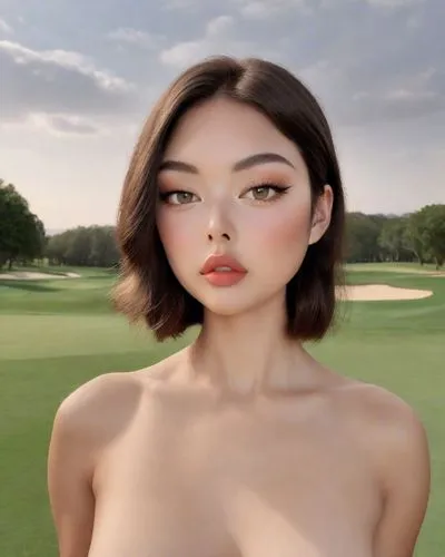 裸體寫真,an asian woman is on a golf course,golf course background,golfvideo,golfer,golf game,asian vision,golf player,Photography,Realistic
