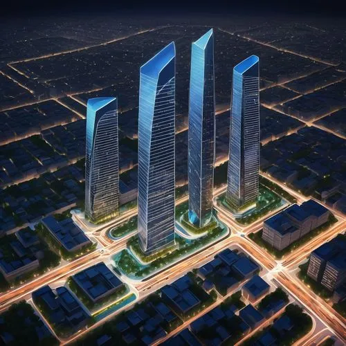 Modern architecture site map, futuristic skyscraper complex, sleek glass and steel buildings, curved lines, angular shapes, neon lights illuminating the night sky, cityscape background, aerial view, d