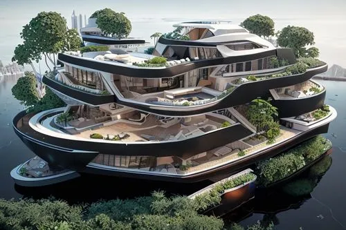 a multi-storey oversized luxury floating island

,floating island,floating islands,futuristic architecture,artificial island,artificial islands,cube stilt houses,chinese architecture,floating huts,lux