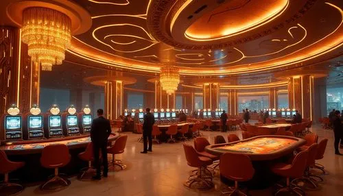 Amber color palette, futuristic high-tech casino, luxurious interior design, warm golden lighting, sleek metal pillars, intricate circuit patterns on walls, holographic screens displaying jackpot numb