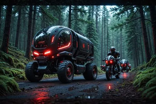 A matte black photorealistic sci-fi truck, a matte black motorcycle and it's rider and mini red robots with legs in a passing through a forest, high resolution, rgb lighting, highly detailed, 8k, shar