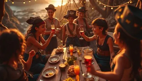 funny pirates makien fun,party, dancing,drinking for kids, cartoon stule in Cinematic Tones, with a focus on storytelling and emotional depth, using warm, earthy shades of bronze and purple to evoke a