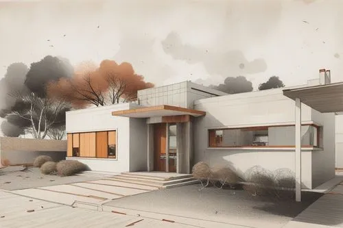 a drawing of a house sits outside with grass on the ground,prefabs,prefab,render,modern house,prefabricated,rendering