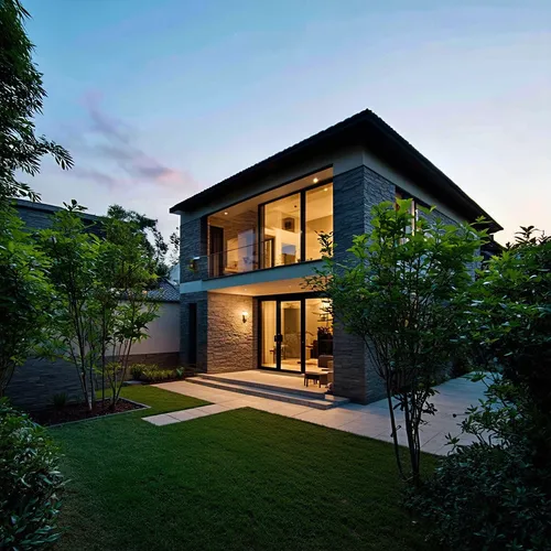 a classic courtyard villas, sustainable modern design,a very nice looking home in the evening,modern house,cube house,timber house,dunes house,residential house,modern architecture,contemporary,danish
