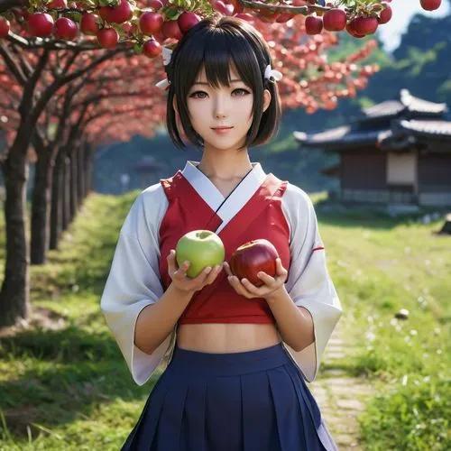 anime character,japanese style,girl,apples,a girl in a skirt holding an apple under an apple tree,momiji,eiko,hanami,minmei,ranma,shimei,Photography,General,Realistic