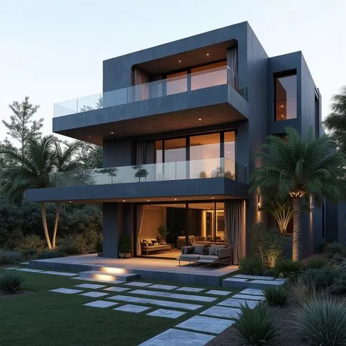 A hyper-realistic, high-resolution architectural photograph of a multi-level, contemporary luxury residence featuring a sleek, geometric design. The exterior is composed of smooth, matte charcoal-gray