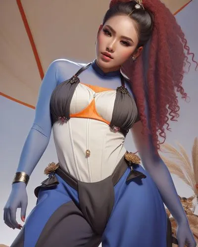 a 3d - rendering woman in a top and pants with an orange accent,chunli,xiaoyu,longmei,diaochan,mei,bingqian
