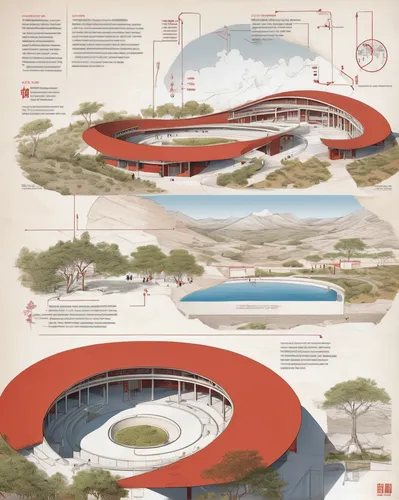 architectural plan for a building of (Song dynasty:1.2), red walls, round waving shape, (Tadao Ando style: 1.3), inspired by Zha Shibiao, conceptual art, rammed earth courtyard, buddhist architecture