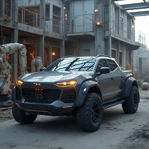 A high-performance electric pickup truck with a futuristic industrial aesthetic, parked in a high-tech construction site. Its exoskeleton is made of brushed titanium, with retractable storage compartm