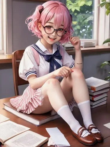 Ahegao, anime girl, cute face, pink hair clips, big round glasses, sweet smile, rosy cheeks, white shirt with lace trim, short pleated skirt, striped stockings, brown loafers, sitting on a wooden desk
