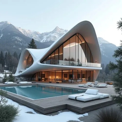 A hyper-realistic, high-resolution architectural photograph of a luxurious, alpine-style modern villa nestled in a mountainous landscape. The home features a prominent A-frame roof and is constructed 
