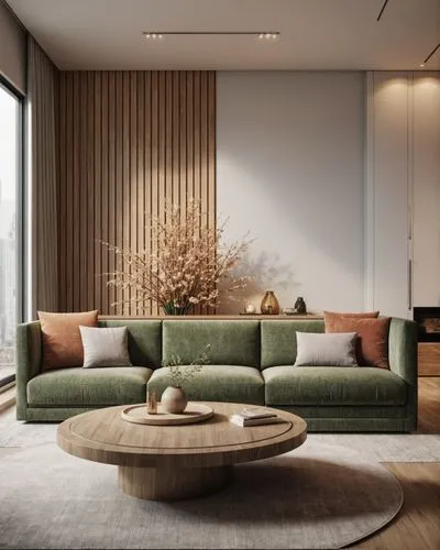there is a living room with green furniture,minotti,modern minimalist lounge,modern living room,apartment lounge,contemporary decor,donghia,Photography,General,Realistic