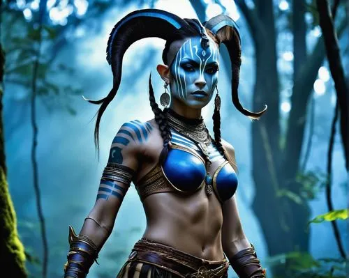 Na'vi warrior, fan art, Avatar-inspired, intricate headpiece, braids, blue stripes, glowing markings, athletic build, muscular arms, tribal tattoos, ornate armor, flowing cloak, majestic pose, misty f